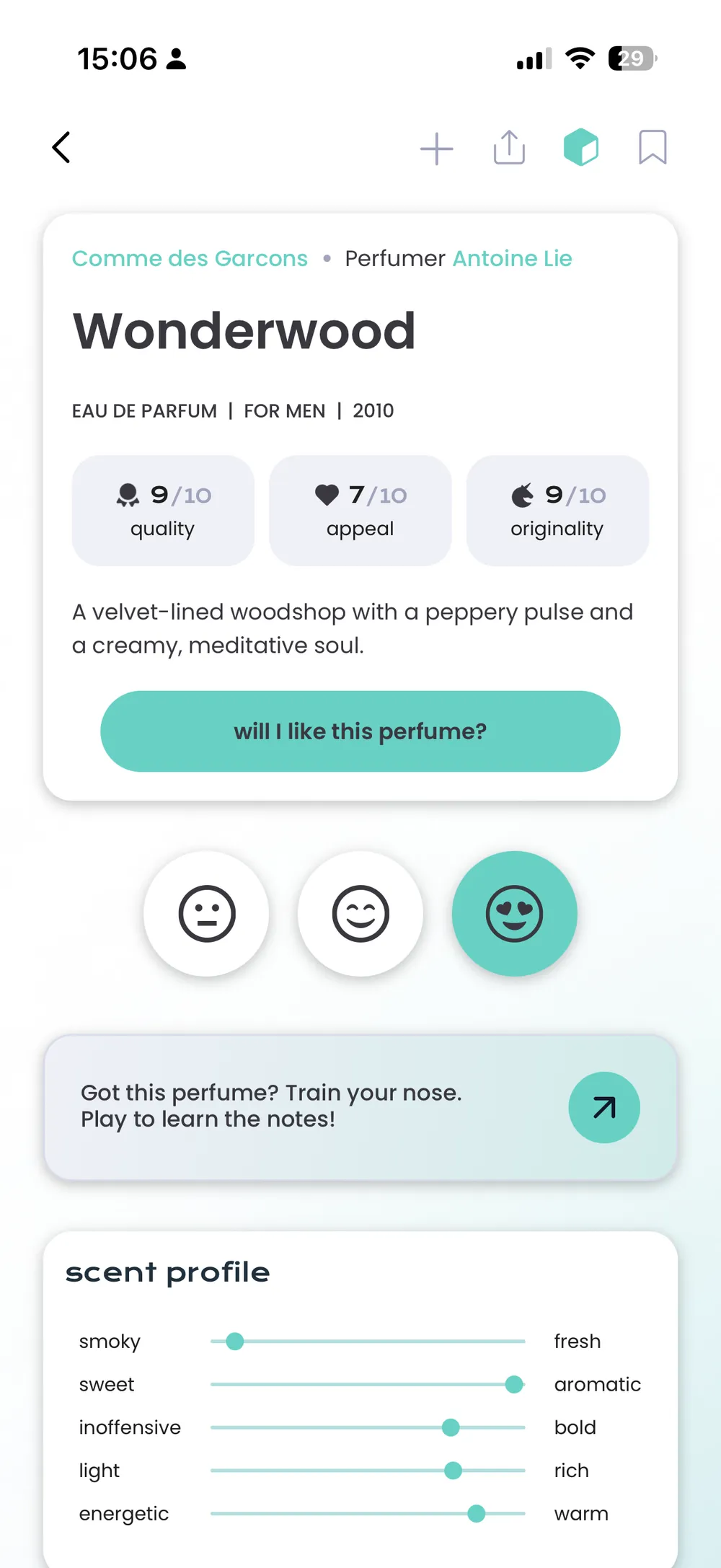Scented perfume card with quality, appeal and originality scores