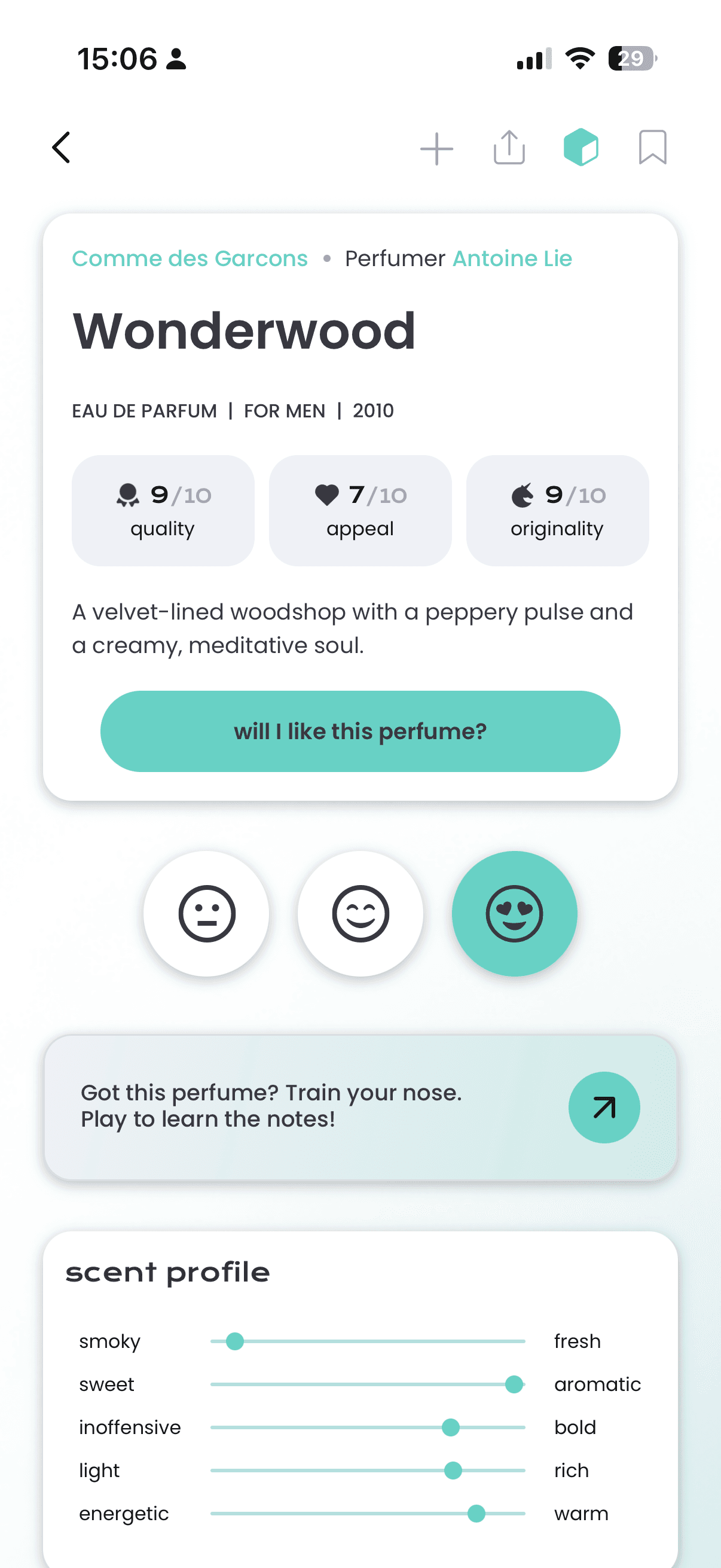 Scented perfume card with quality, appeal and originality scores
